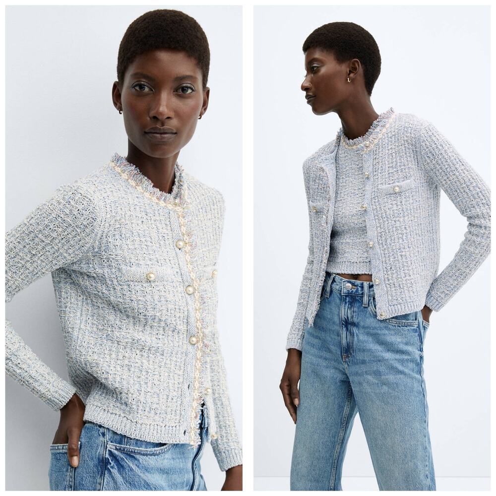 Mango Tweed Cardigan With Jewel Button Size XS Baby Blue Pearl Preppy Chic